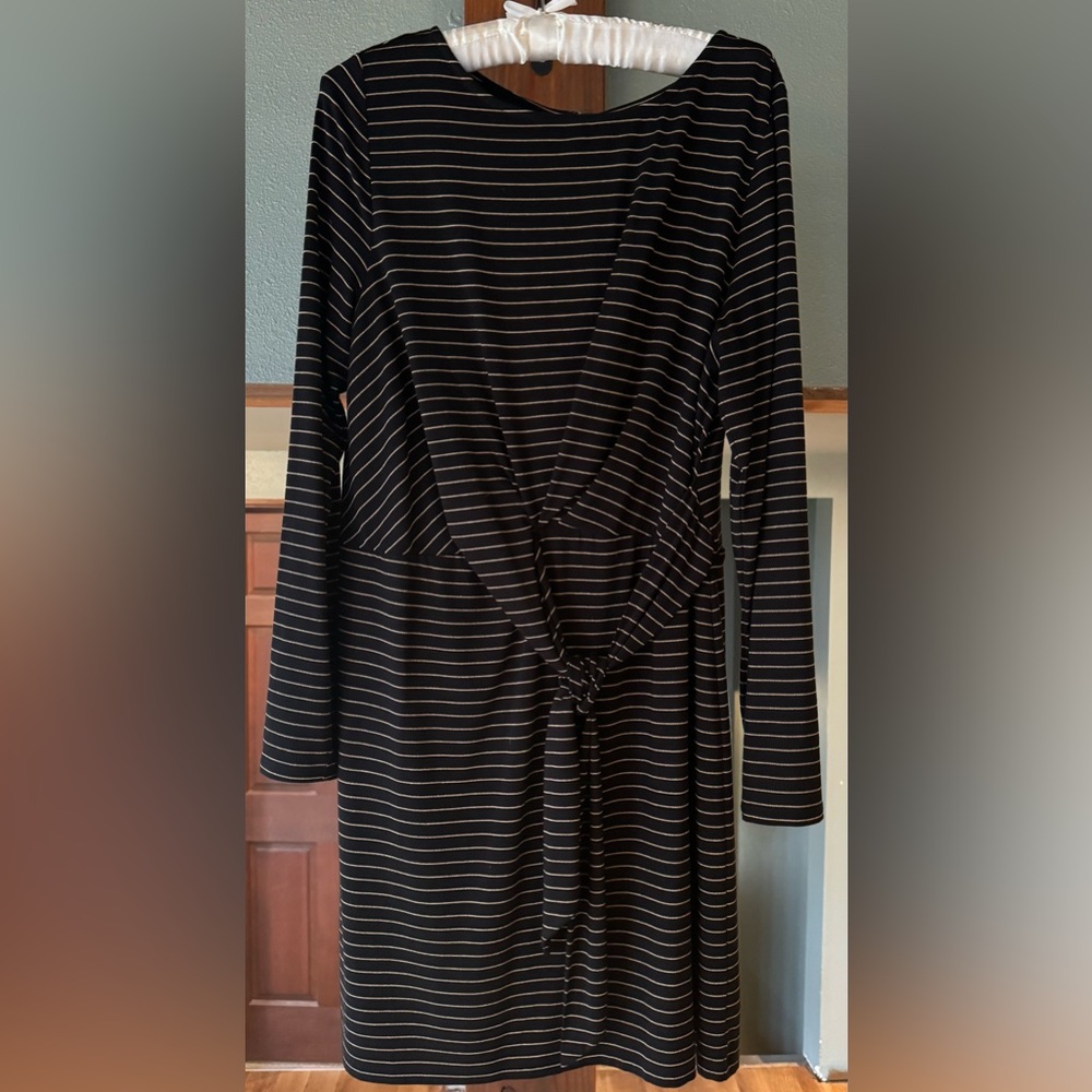 LOFT Black and Gold Striped Long Sleeve Faux Wrap Dress